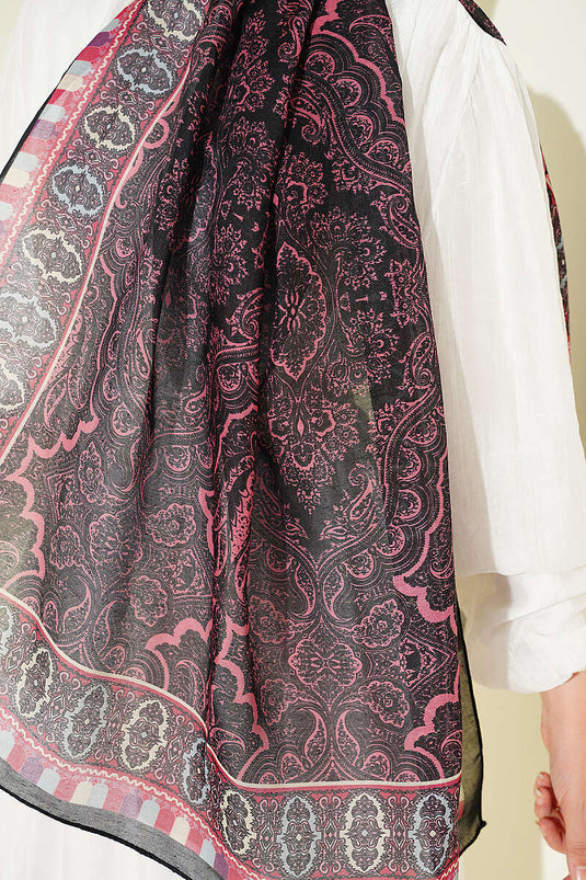 Motif Desenli Soft Şal Siyah Pembe
