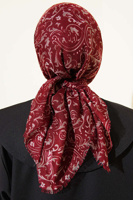 Motifli Flamu Cotton Eşarp Bordo