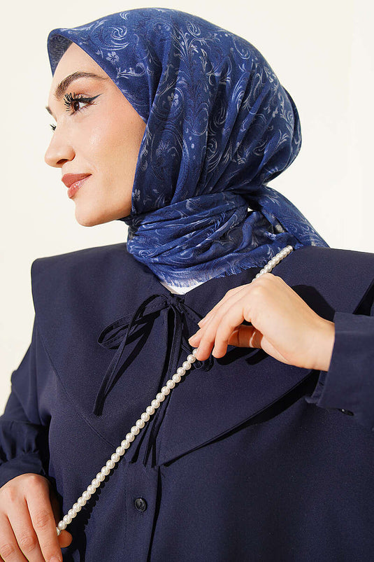 Motifli Flamu Cotton Eşarp İndigo
