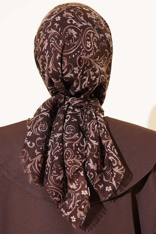 Motifli Flamu Cotton Eşarp Kahve