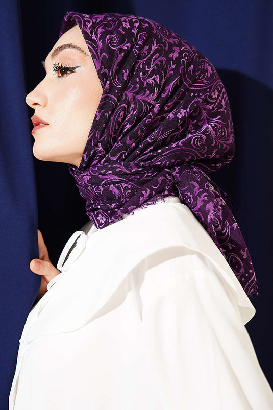Motifli Flamu Cotton Eşarp Mürdüm