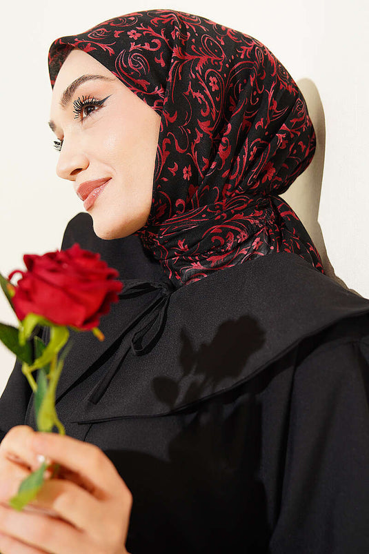 Motifli Flamu Cotton Eşarp Siyah Bordo