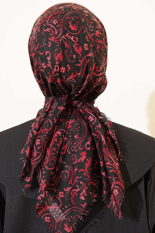 Motifli Flamu Cotton Eşarp Siyah Bordo