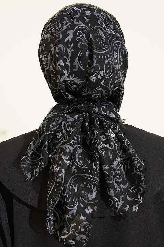 Motifli Flamu Cotton Eşarp Siyah Gri
