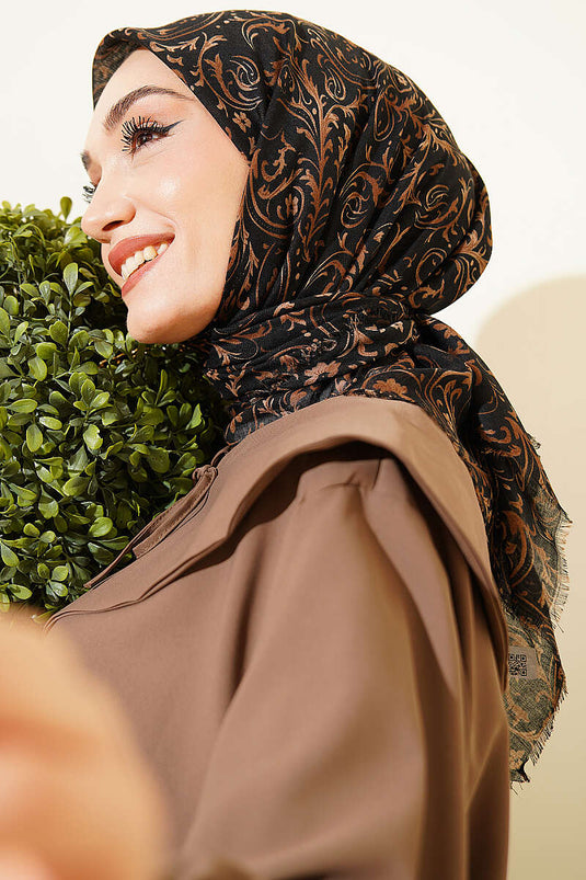 Motifli Flamu Cotton Eşarp Siyah Vizon