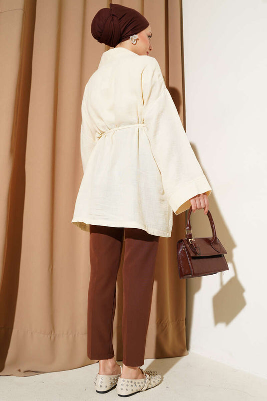 Müslin Belden Bağlamalı Kimono Krem