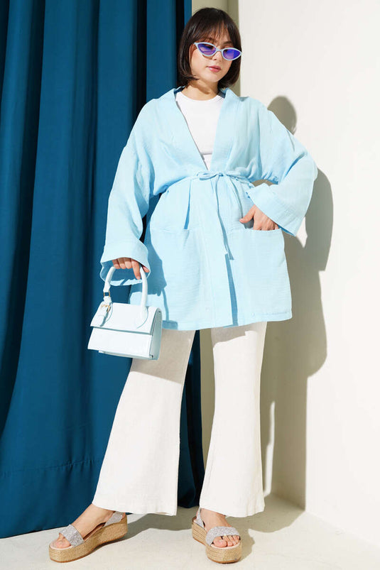 Müslin Belden Bağlamalı Kimono Mavi