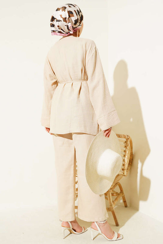 Müslin Düğme Kaplamalı İkili Takım Bej