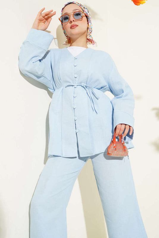 Müslin Düğme Kaplamalı İkili Takım Mavi