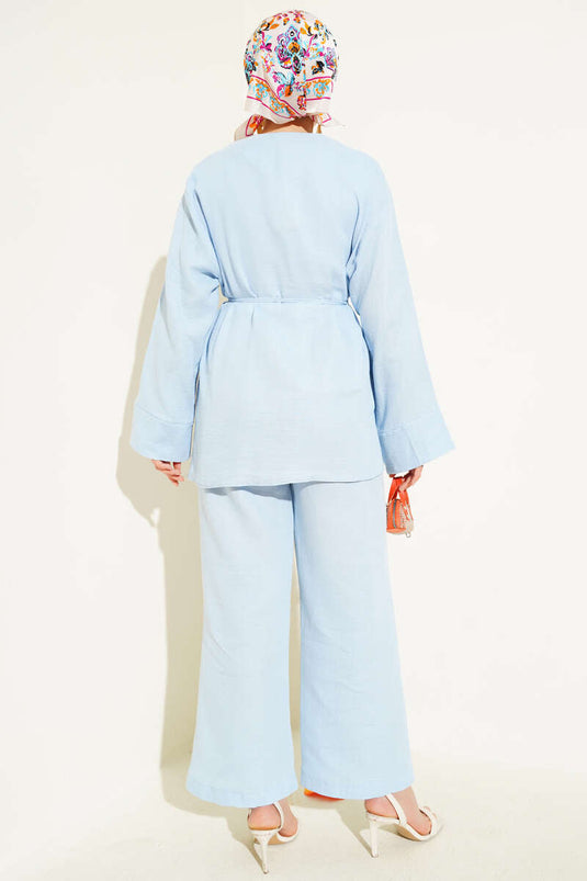 Müslin Düğme Kaplamalı İkili Takım Mavi