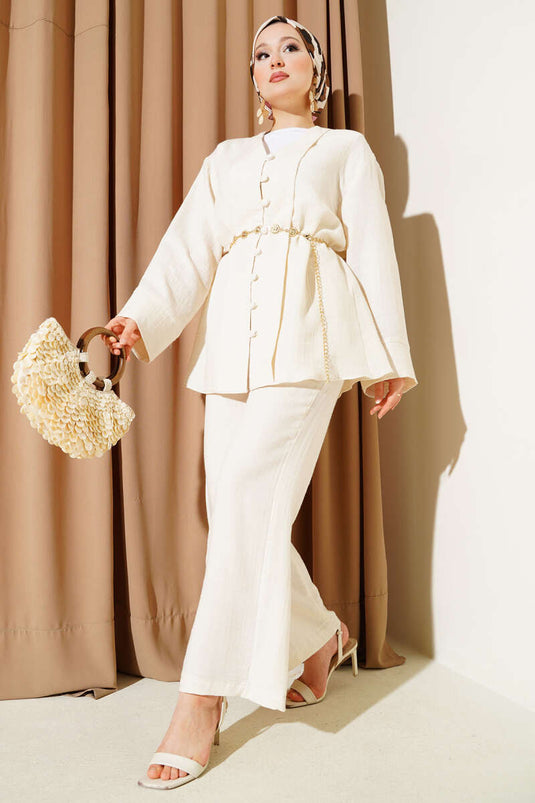 Müslin Düğme Kaplamalı İkili Takım Taş