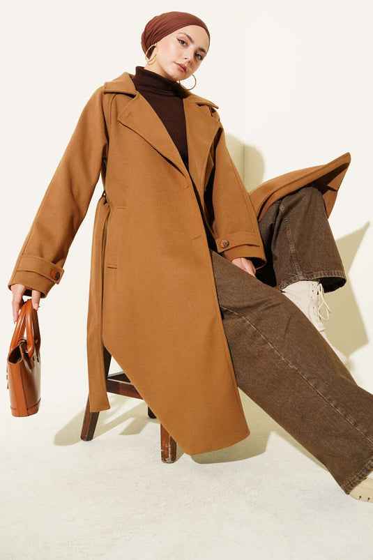 Wooden Buttoned Double-Breasted Lapel Cashmere Coat Taba