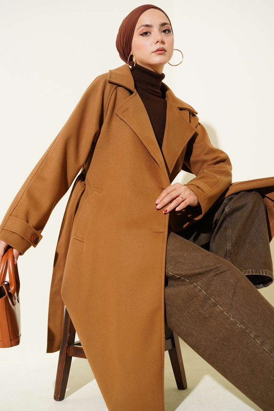 Wooden Buttoned Double-Breasted Lapel Cashmere Coat Taba