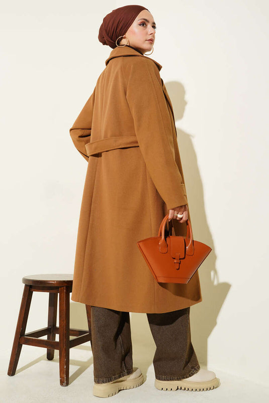 Wooden Buttoned Double-Breasted Lapel Cashmere Coat Taba