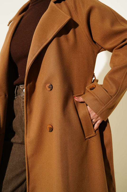 Wooden Buttoned Double-Breasted Lapel Cashmere Coat Taba