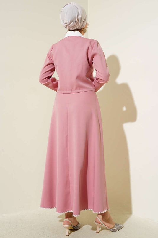 Nakış Detaylı İkili Etek Takım Pembe