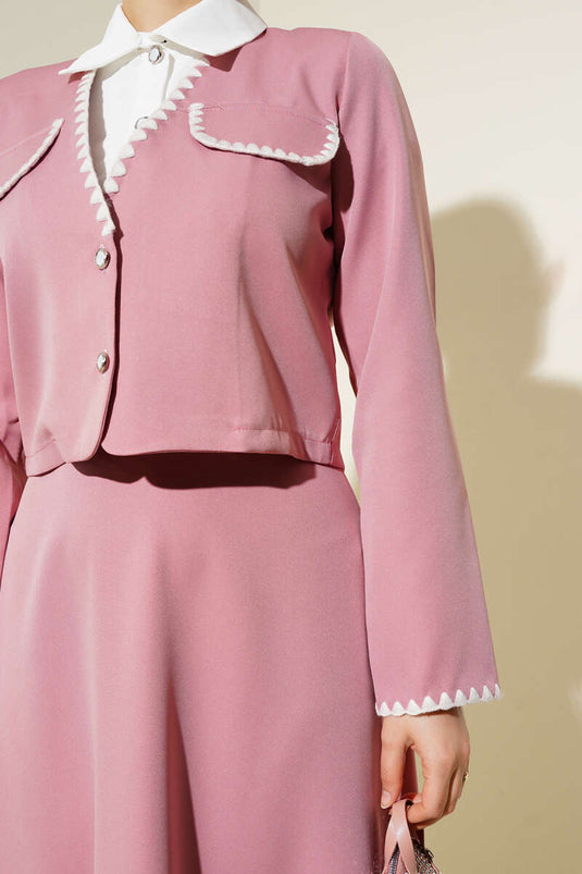 Nakış Detaylı İkili Etek Takım Pembe