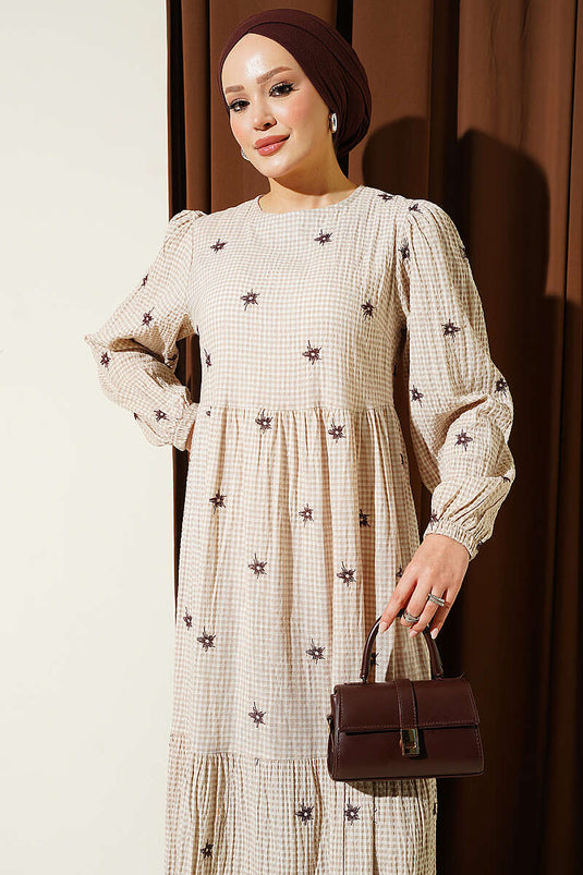 Beige Besticktes Glockenarm Kleid