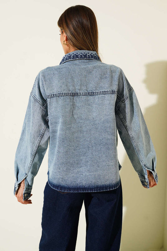 Veste en jean avec détails brodés, bleu denim