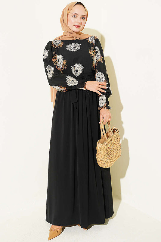 Nakış Detaylı Şifon Elbise Camel