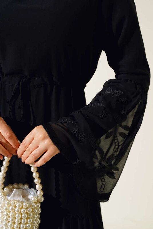 Embroidered Detail Tulle Dress Black