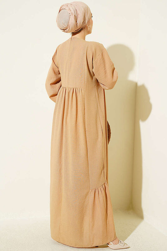 Robe Brodée À Poignets Élastiques Et Détails En Dentelle Latte