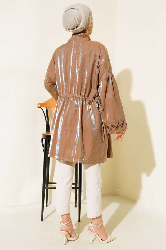 Embroidered Shiny Kimono Brown