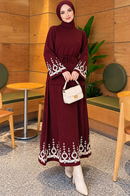 Embroidered Skirted Two-Piece Set In Mauve