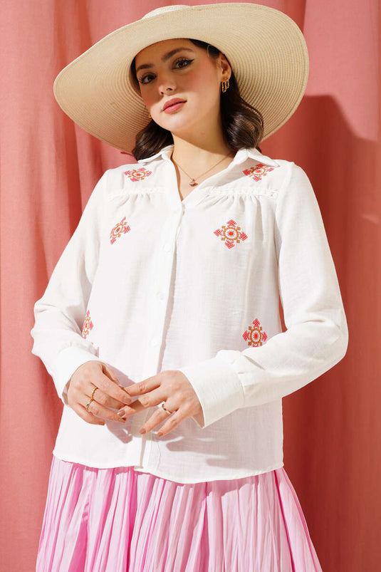 Geborduurd Kort Shirt Wit