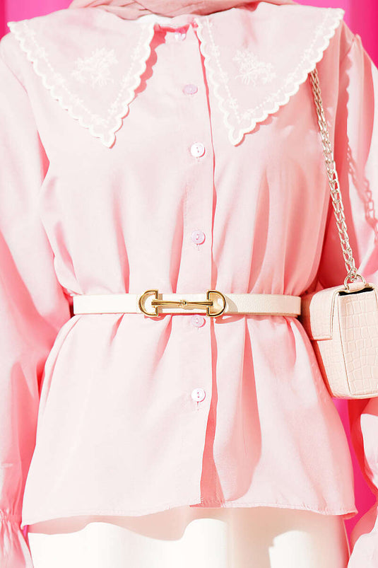 Ensemble deux pièces avec col bébé brodé et jupe rose