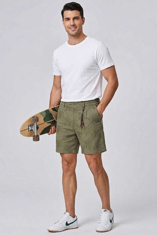 Embroidered Elastic Waist Men's Shorts Khaki