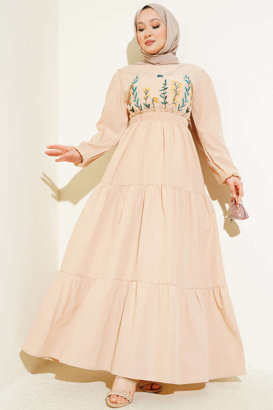 Nakışlı Bel Lastikli Kat Kat Elbise Bej