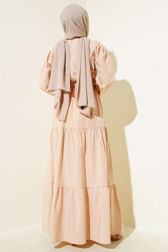 Nakışlı Bel Lastikli Kat Kat Elbise Bej