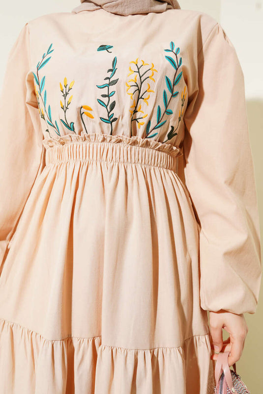 Nakışlı Bel Lastikli Kat Kat Elbise Bej