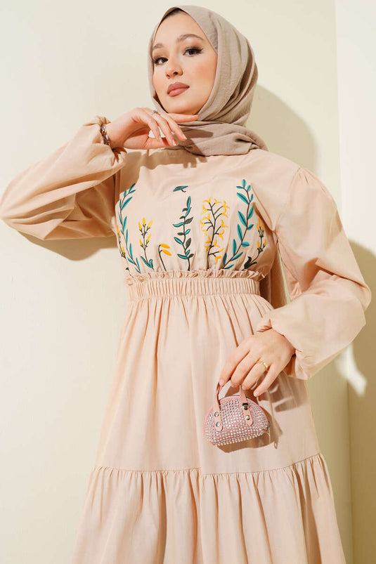 Nakışlı Bel Lastikli Kat Kat Elbise Bej