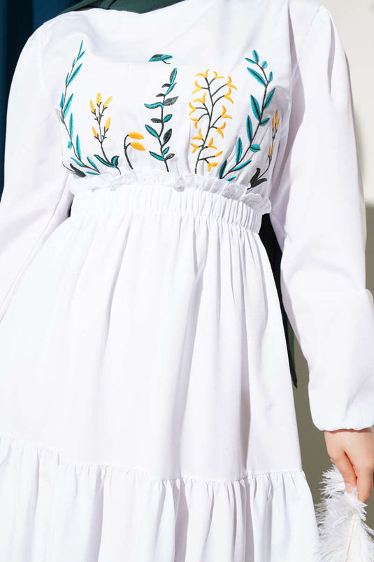 Nakışlı Bel Lastikli Kat Kat Elbise Beyaz