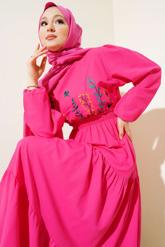 Embroidered Elastic Waist Layered Dress Fuchsia