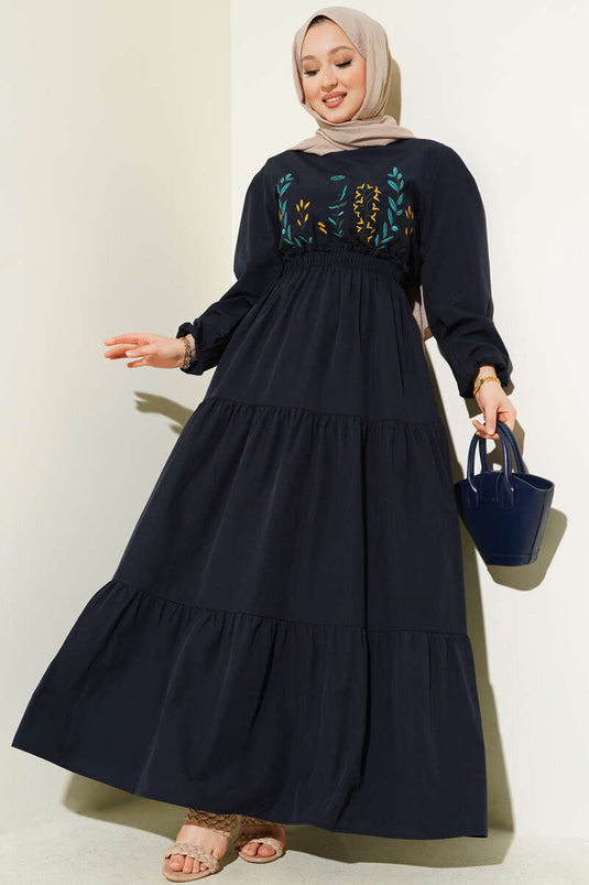 Embroidered Elastic Waist Layered Dress Navy Blue