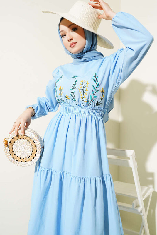 Embroidered Elastic Waist Layered Dress Blue
