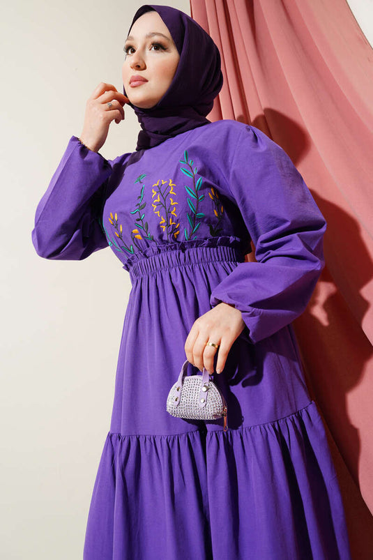 Embroidered Elastic Waist Layered Dress Purple