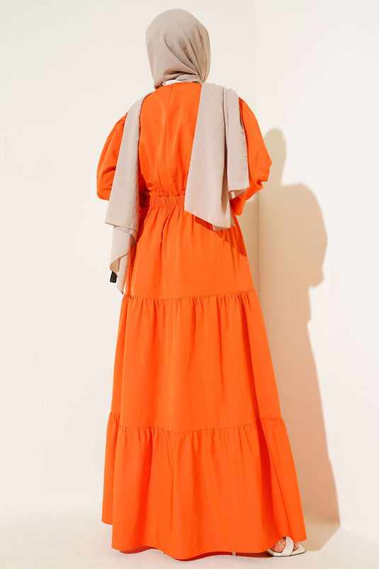 Embroidered Elastic Waist Layered Dress Orange
