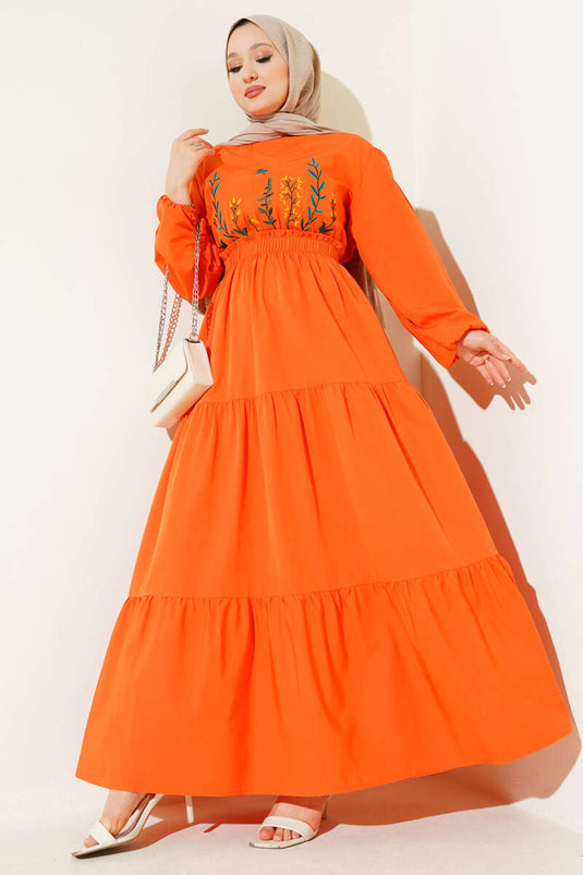 Embroidered Elastic Waist Layered Dress Orange