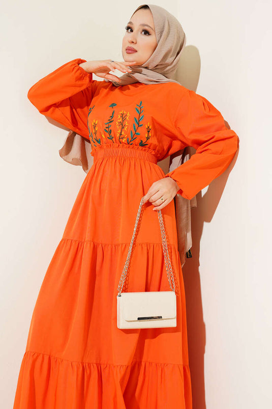 Embroidered Elastic Waist Layered Dress Orange