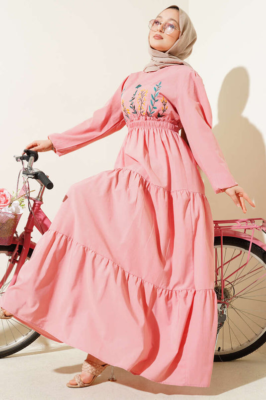 Nakışlı Bel Lastikli Kat Kat Elbise Pudra