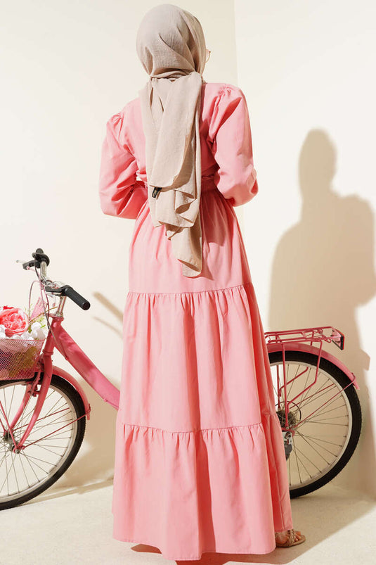 Nakışlı Bel Lastikli Kat Kat Elbise Pudra