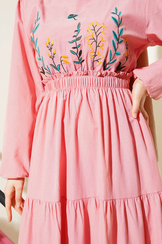 Nakışlı Bel Lastikli Kat Kat Elbise Pudra