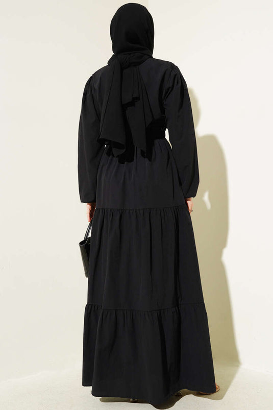 Nakışlı Bel Lastikli Kat Kat Elbise Siyah