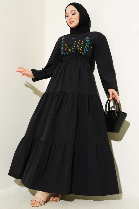 Nakışlı Bel Lastikli Kat Kat Elbise Siyah