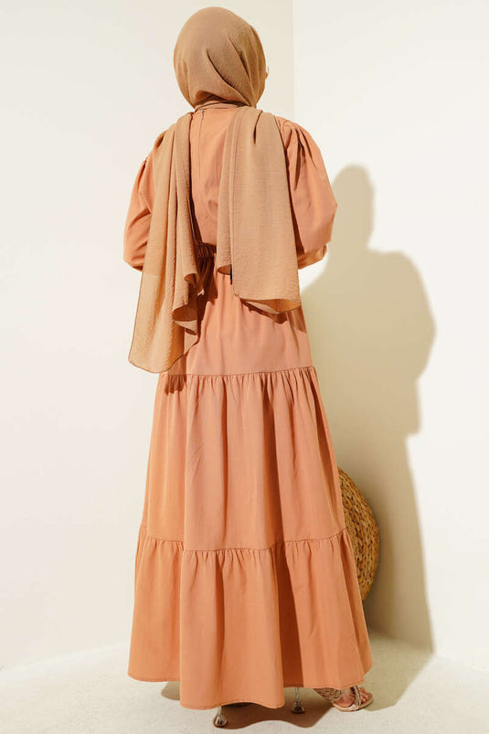 Embroidered Elastic Waist Layered Dress in Tan