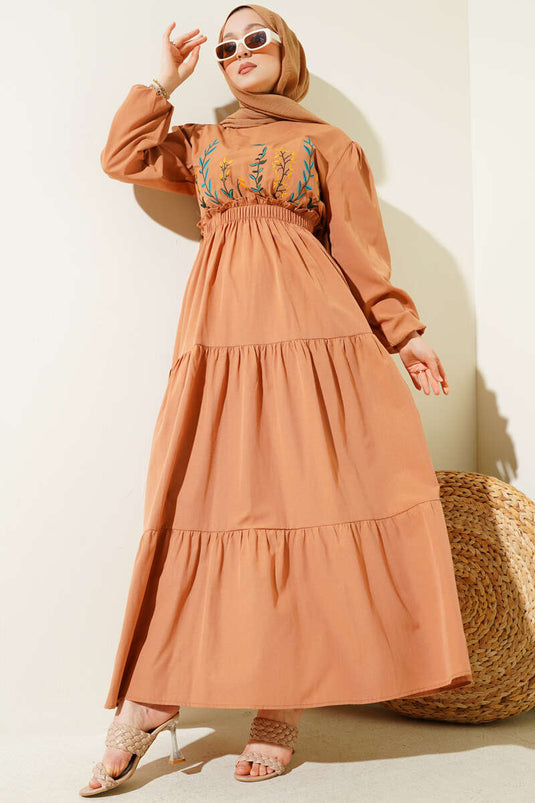 Embroidered Elastic Waist Layered Dress in Tan